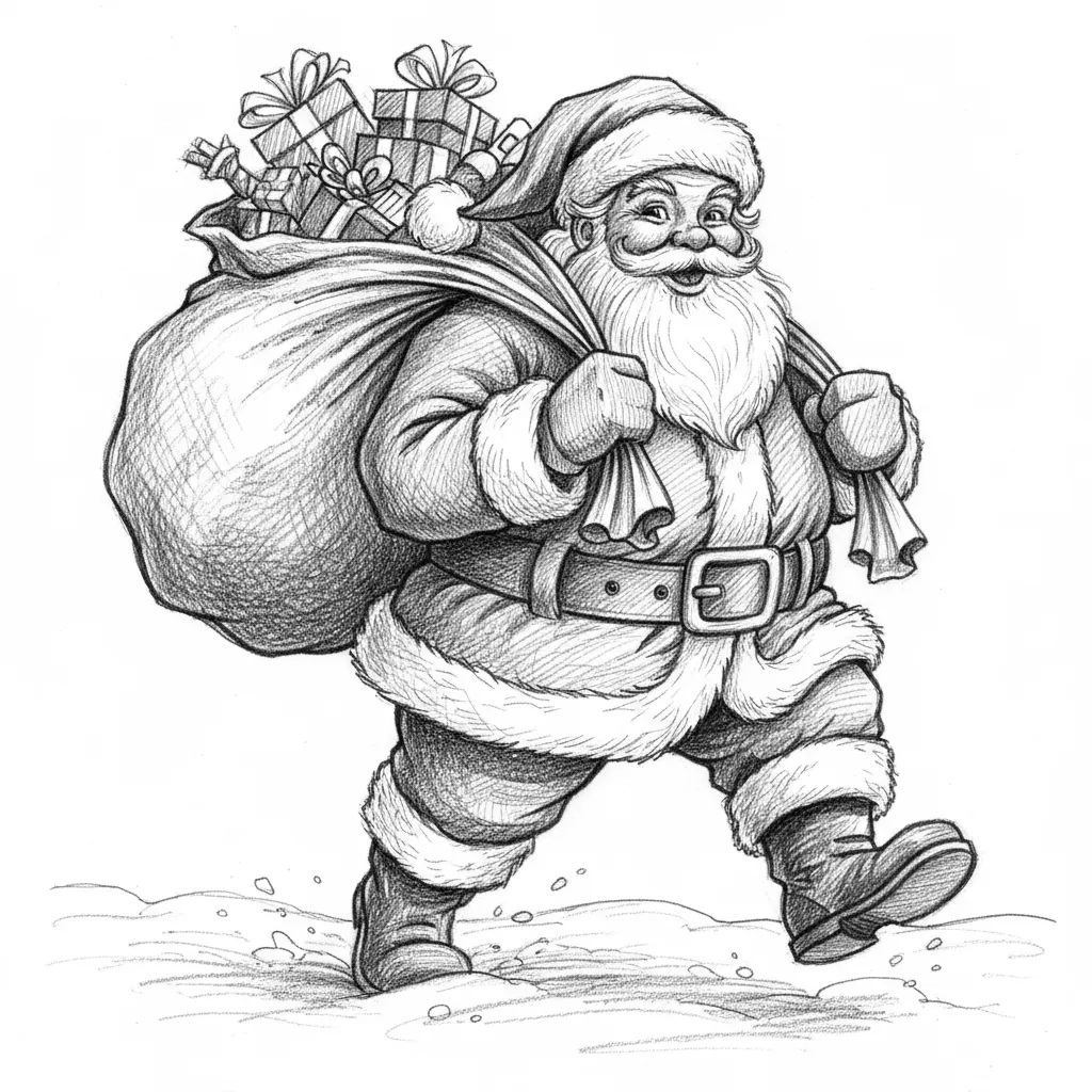 A jolly Santa striding through the snow holding a sack of presents on his back with a transparent background and no border