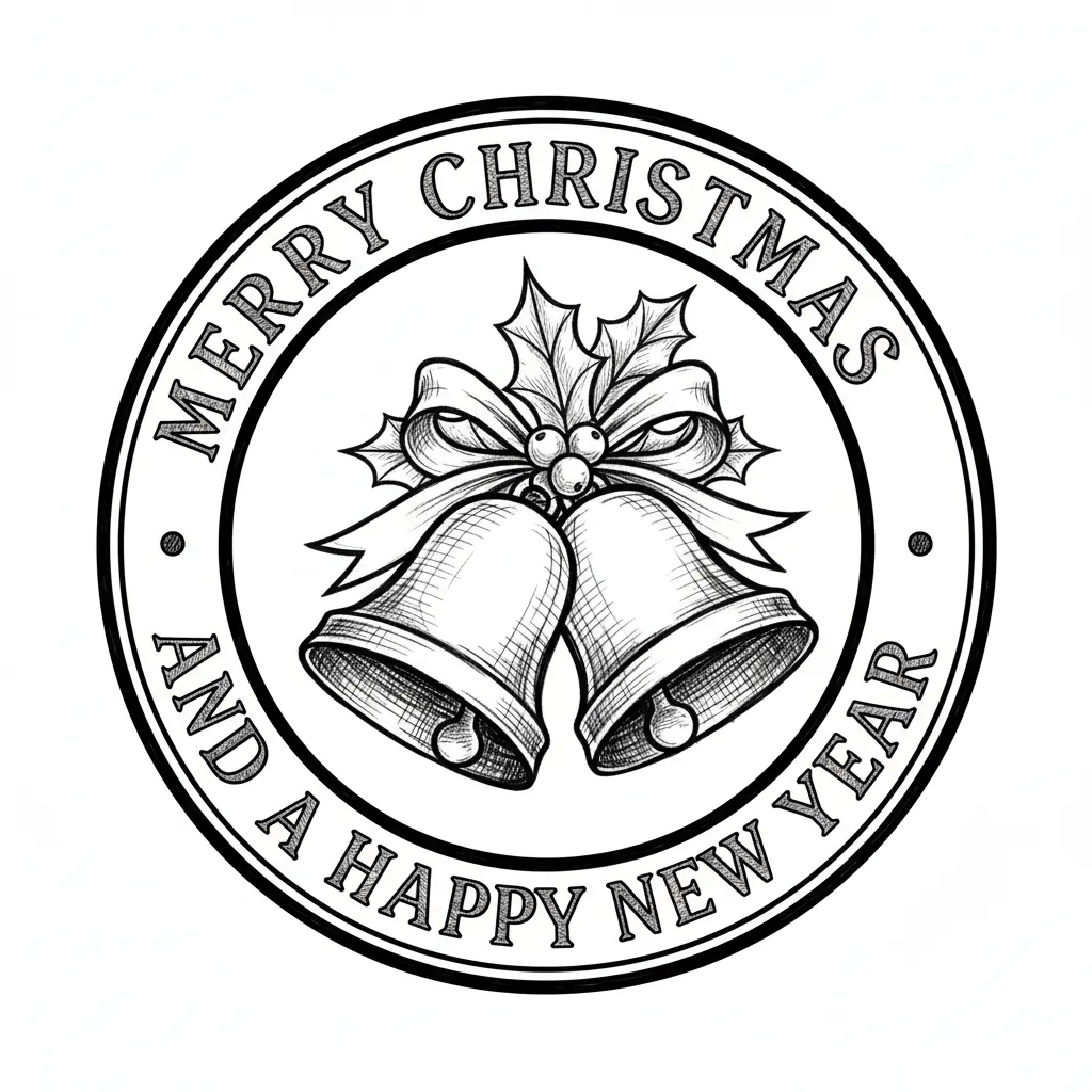 A 4" circle with bells and holly in the middle with Merry Christmas and a Happy New Year in old style print round the edge