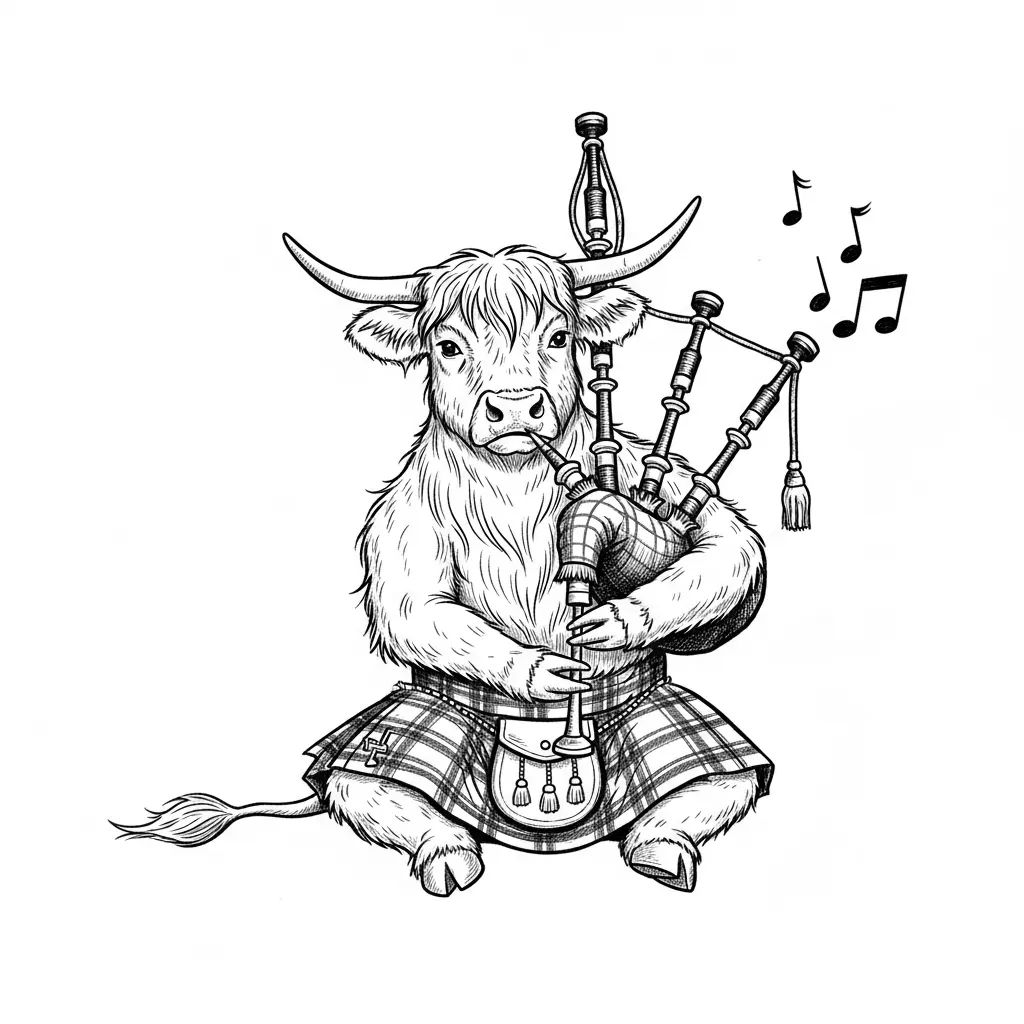 black and white sketch of a Scottish long haired cow playing bagpipes