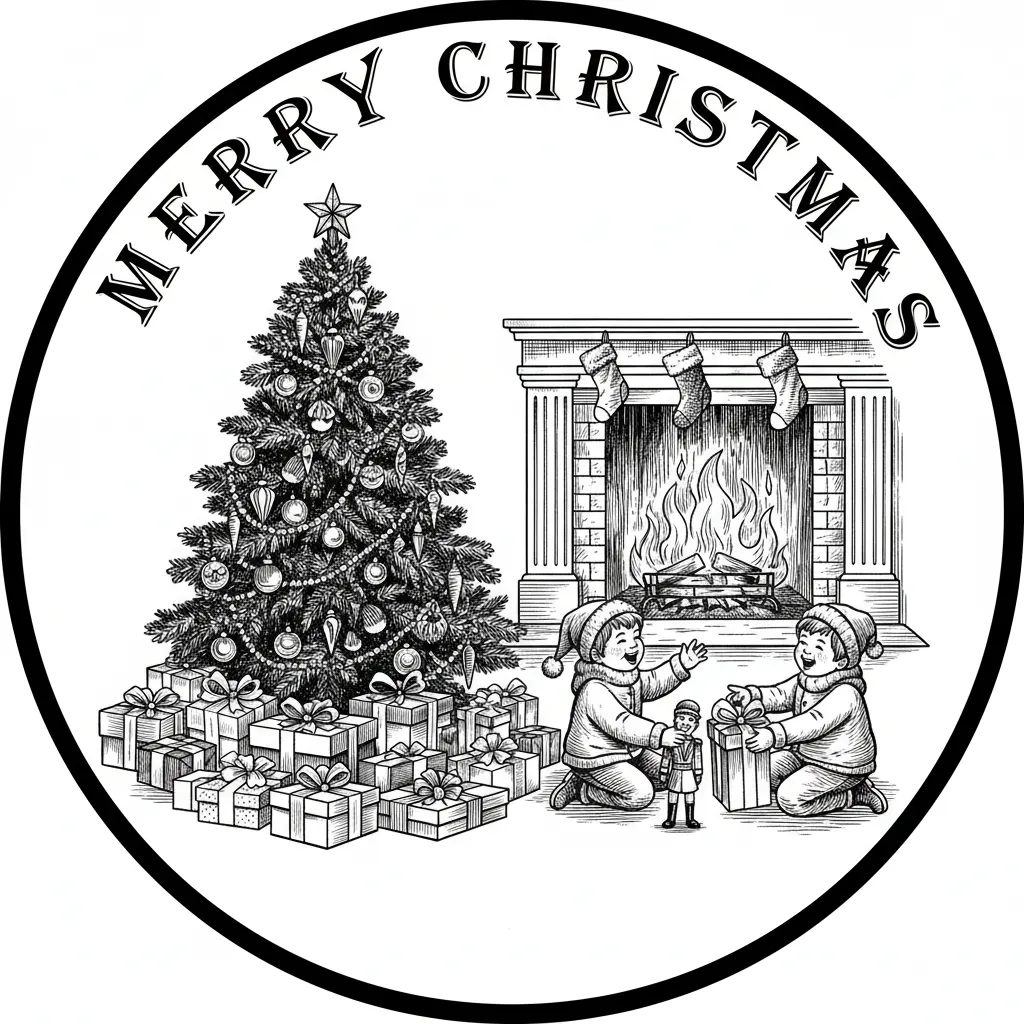 A Christmas tree  with gifts underneath and children playing by an open fire with merry Christmas in the edge of a 4" circle