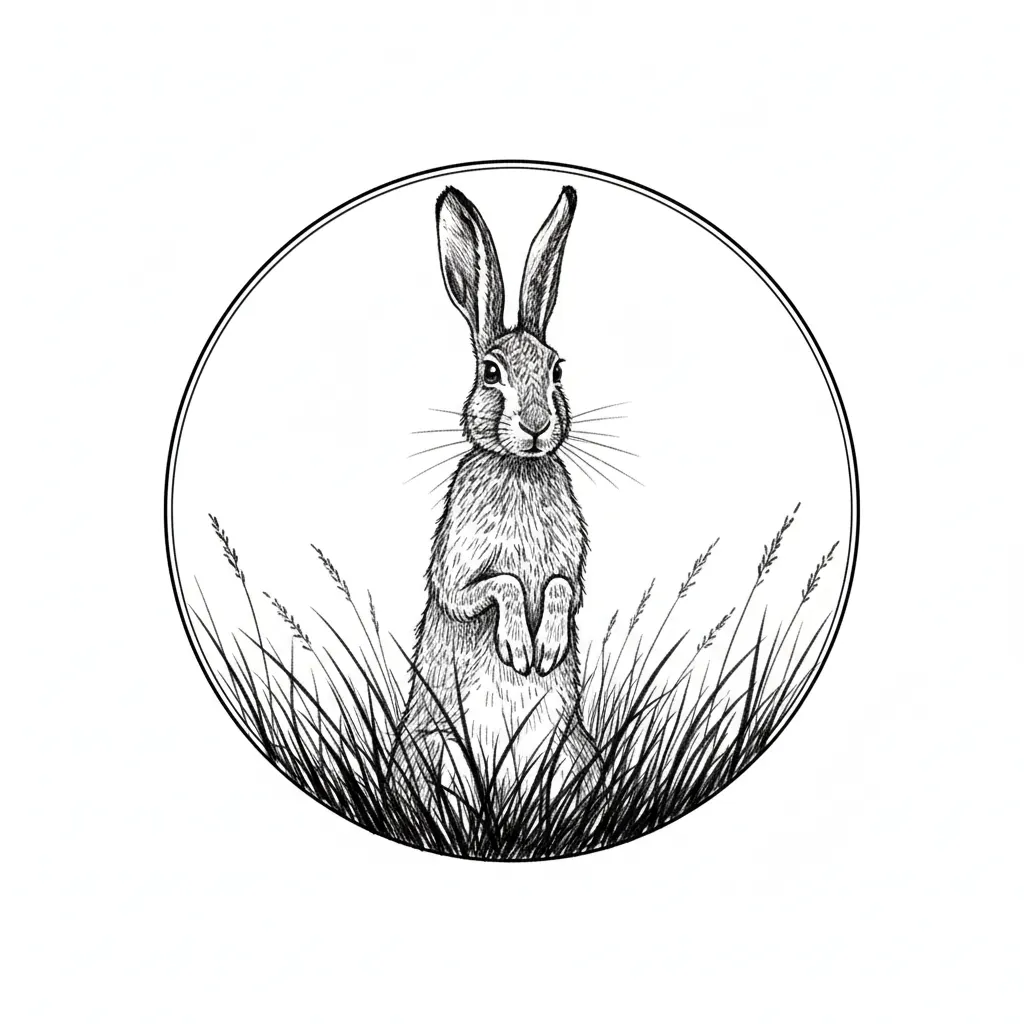 a hare standing on hind legs in a field within a 100mm thin lined circle with a transparent background