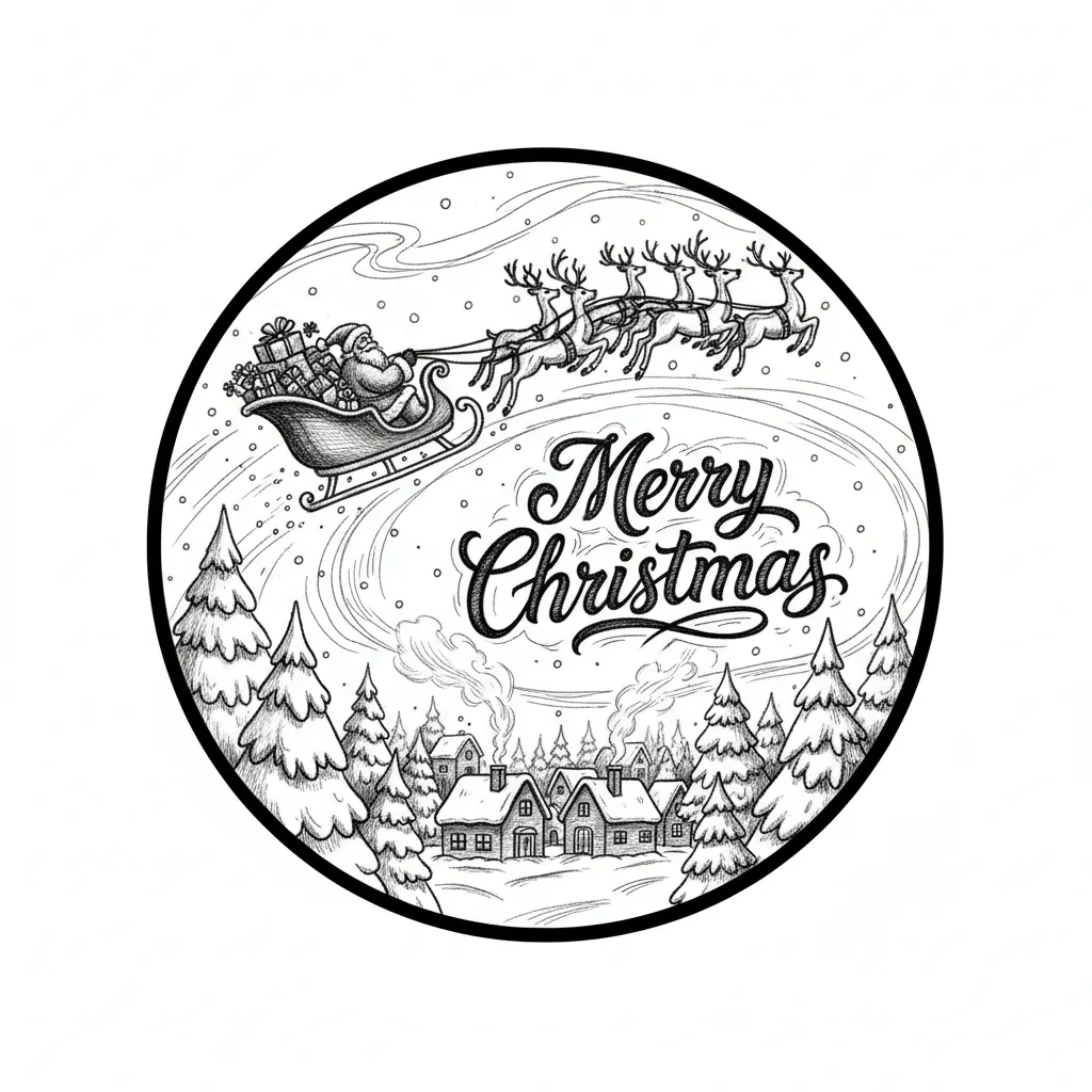 Santa sleigh pulled by reindeer over a sleepy village and trees with Merry Christmas within a 4" round area