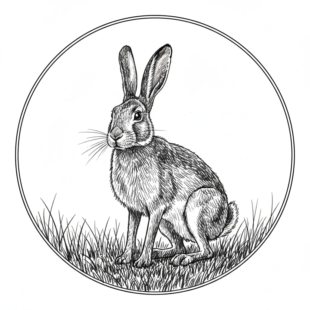 a hare standing on all fours in a field within a 100mm thin lined circle with a transparent background