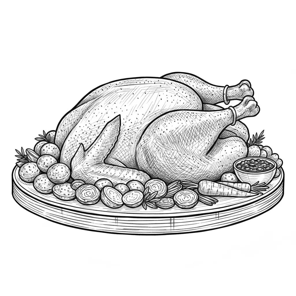 A picture of a roast turkey with all the trimmings on a large oval plate on a circular transparent background with no border