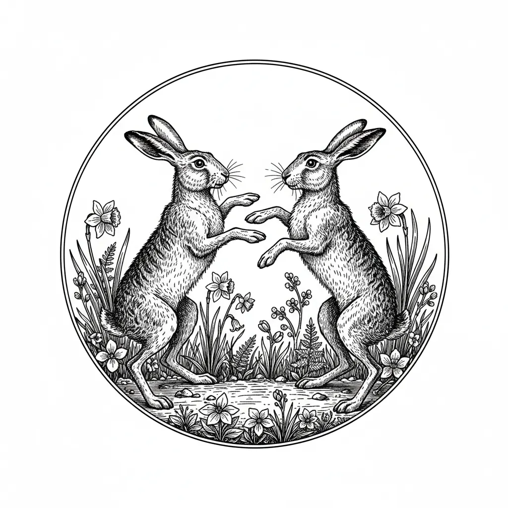 2 hares boxing in spring within a 100mm thin line circle, transparent background