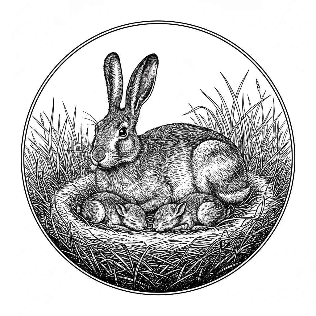 A hare in a meadow, within a 100mm thin line circle, at the side of its nest with leverets in, with a transparent background