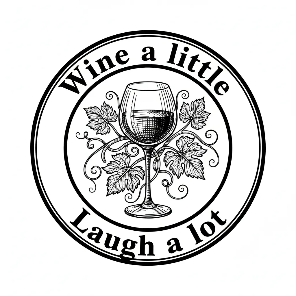 A 100mm circular area with “Wine a little” text at the top and “Laugh a lot” text, round the bottom and a wine glass in the middle all within the 100mm circular area
