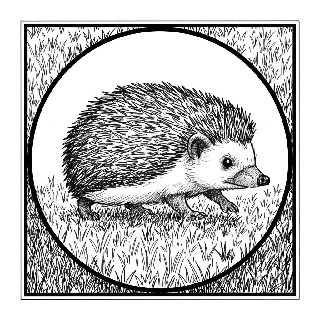 a hedgehog walking on a lawn within a 100mm thin lined circle with a transparent background