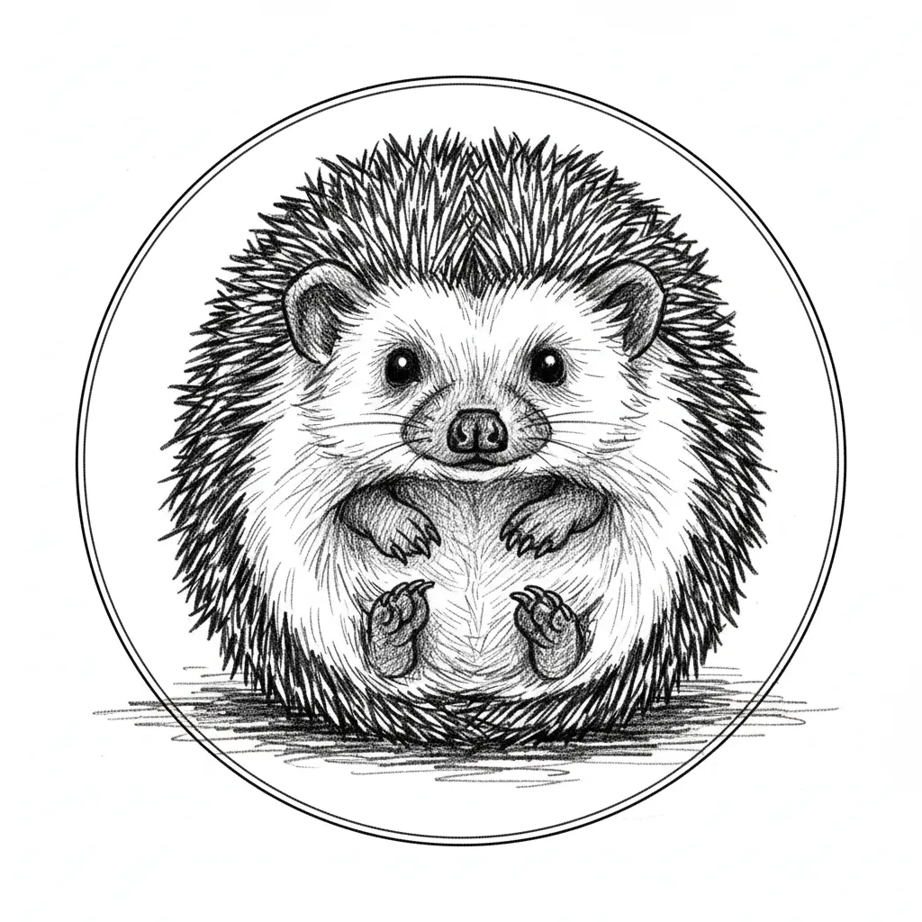 a hedgehog within a100mm thin line circle with a transparent background
