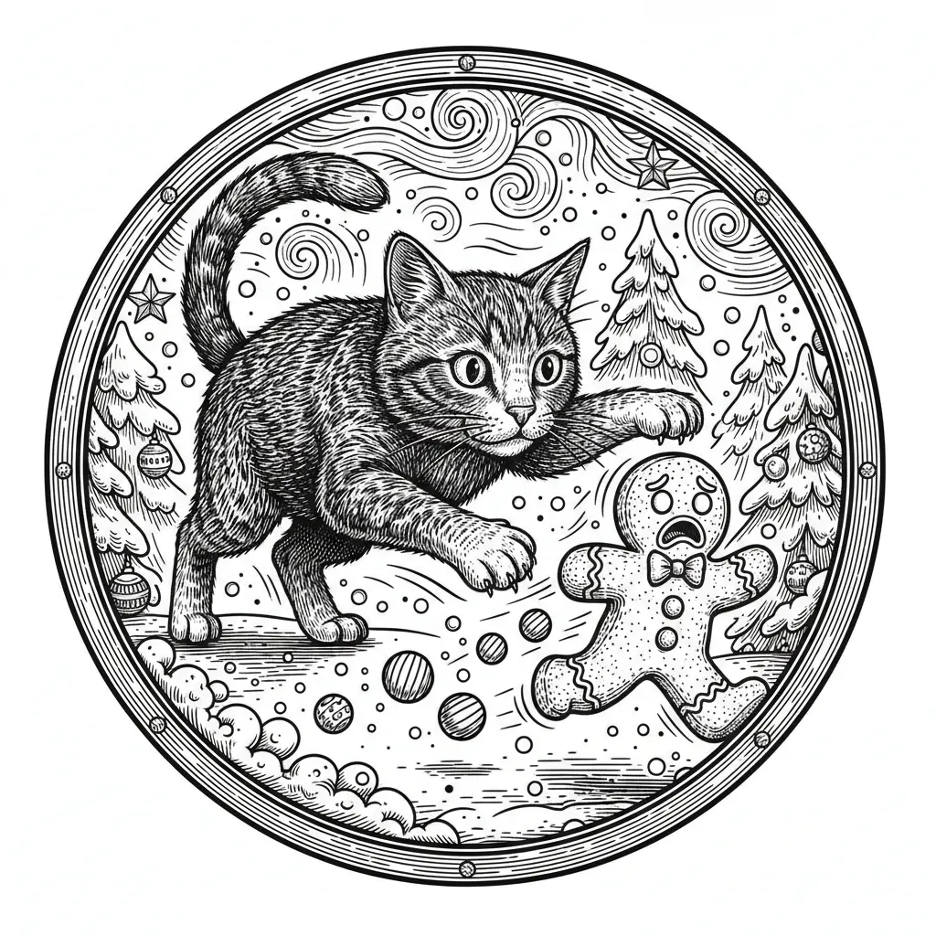 Maximum detailed drawing of a cat chasing a running gingerbread man. The gingerbread man is scared leaving a trail of gumdrops. Circular design for an ornament. Holiday background.