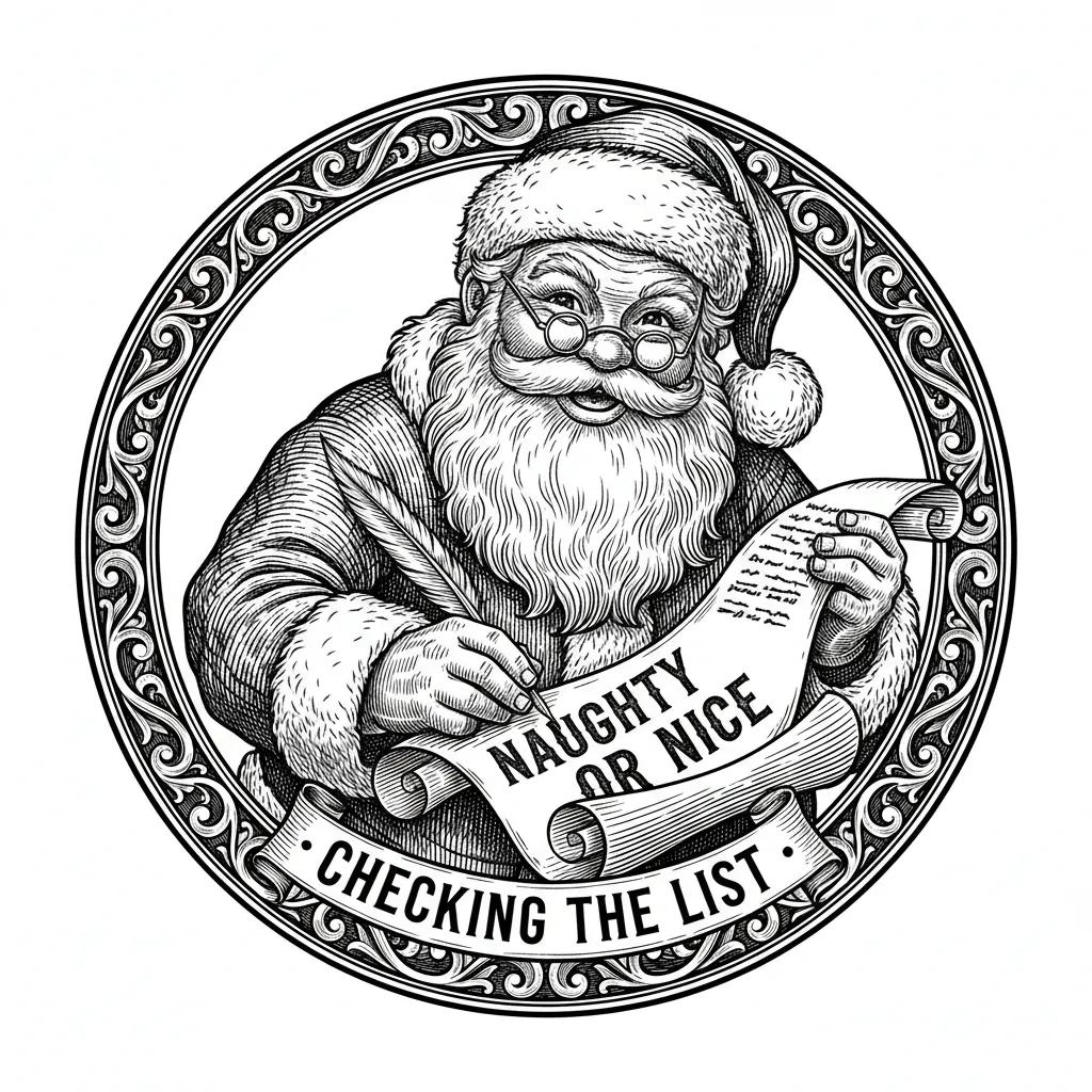 Maximum detail engraving image. Santa Claus with glasses peering at an oversized scroll labeled NAUGHTY OR NICE. Circular design for an ornament. CHECKING THE LIST.