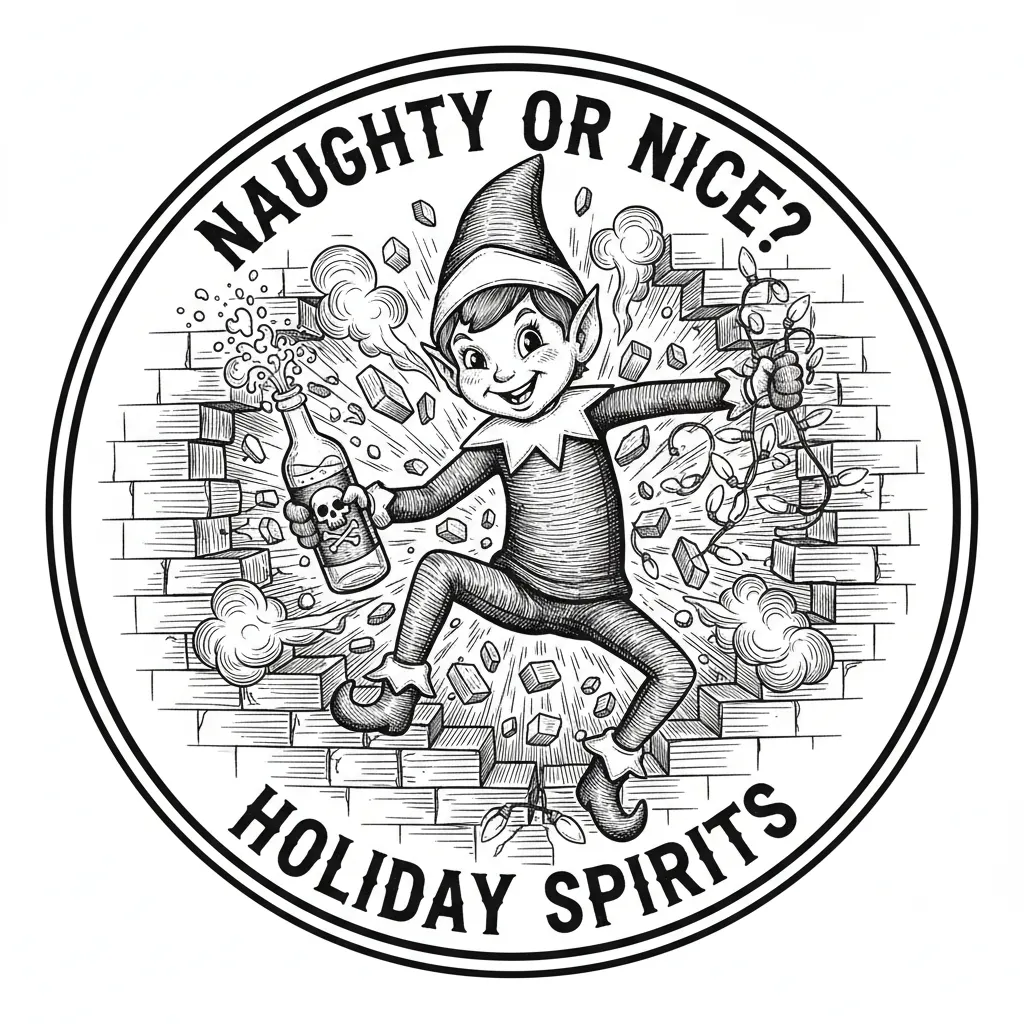 Maximum detail drawing of Elf on a Shelf bursting through a brick wall with a bottle of booze. Circular design for an ornament
