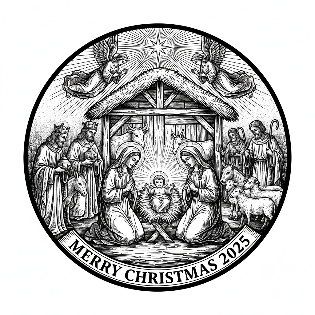 Create a maximum detailed drawing of the nativity scene. 1:1 aspect ratio. The final image should be round for engraving on an ornament with my Xtool P2 c02 laser. MERRY CHRISTMAS 2025. no outer rings.