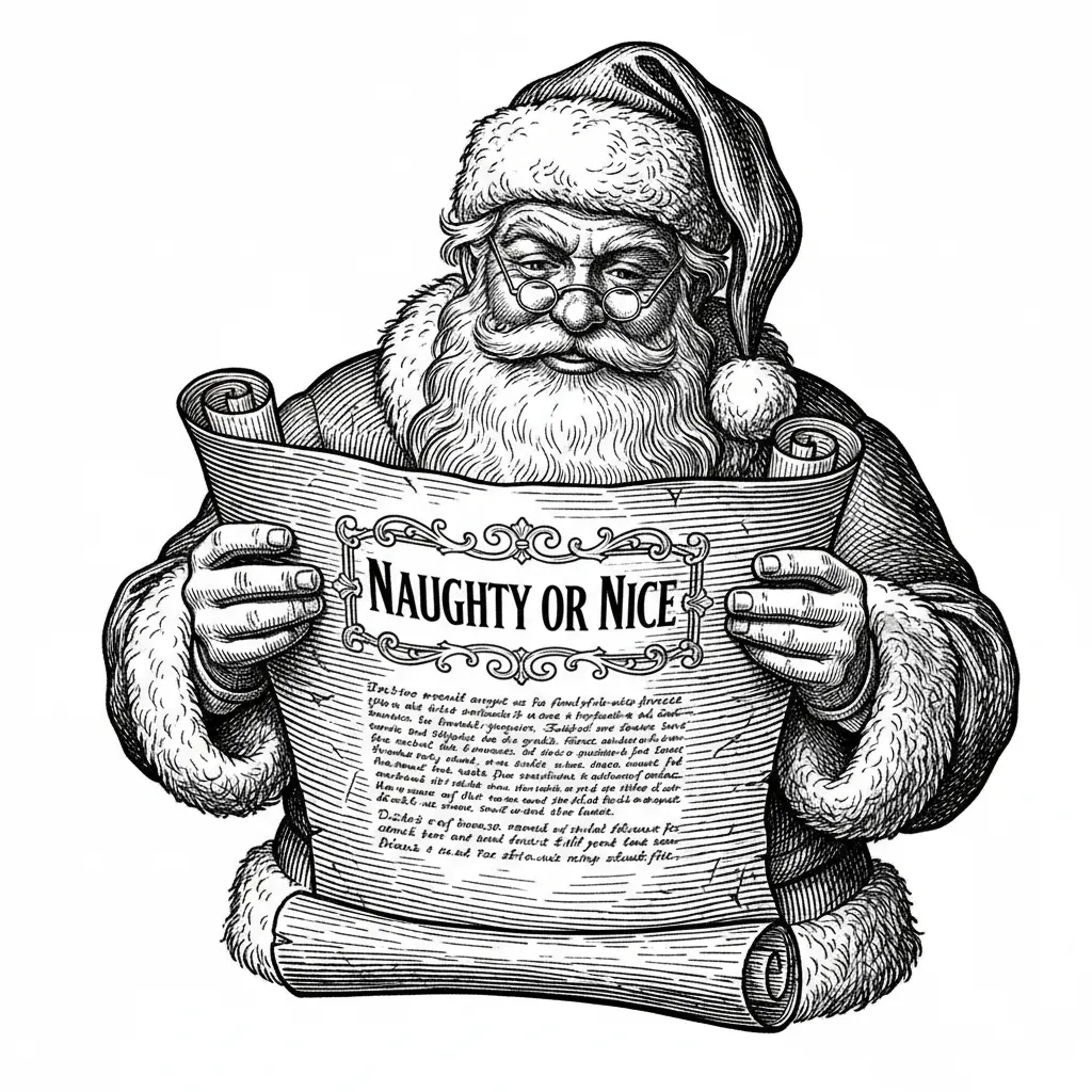 Maximum detail engraving image. Santa Claus with glasses peering at an oversized scroll labeled NAUGHTY OR NICE.