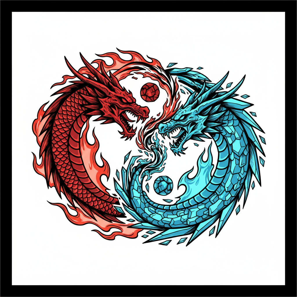 A bold, high-contrast vector emblem of a Yin and Yang symbol, isolated on a solid white background. The symbol is formed by two highly detailed, vicious dragons. The fire-breathing dragon (Yin) features sharp, aggressive scales and stylized, clean-cut flames. The ice-breathing dragon (Yang) is composed of angular, geometric frost crystals and sharp icicles. The classic central dividing line is completely omitted; the two mythical creatures define the shape solely through the interlocking curve of their bodies and the dynamic interplay of fire and ice smoke blending in the center. Clean black and white line art with solid color fills (crimson red/orange for fire, sharp cyan/blue for ice), no gradients, no background textures, perfect for a t-shirt print.
