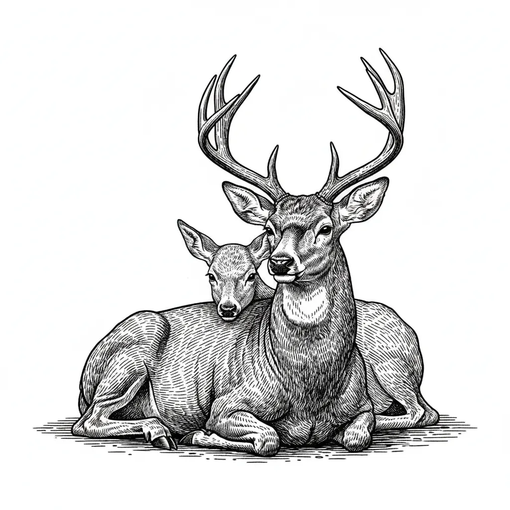 Image of a buck and doe laying down and the doe leaning on the buck