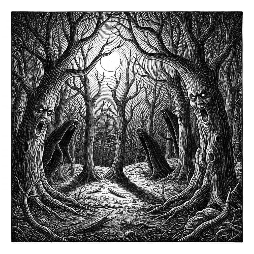 Create a scary woods scene where figures lurk in the dark and faces appear on trees. The woods are illuminated by moon.