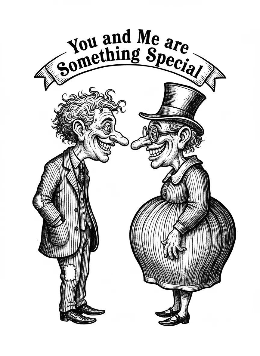 Make a image of two goofy looking people looking at each other. Needs to read You and Me are Something Special. Make this image with ultra fine detail