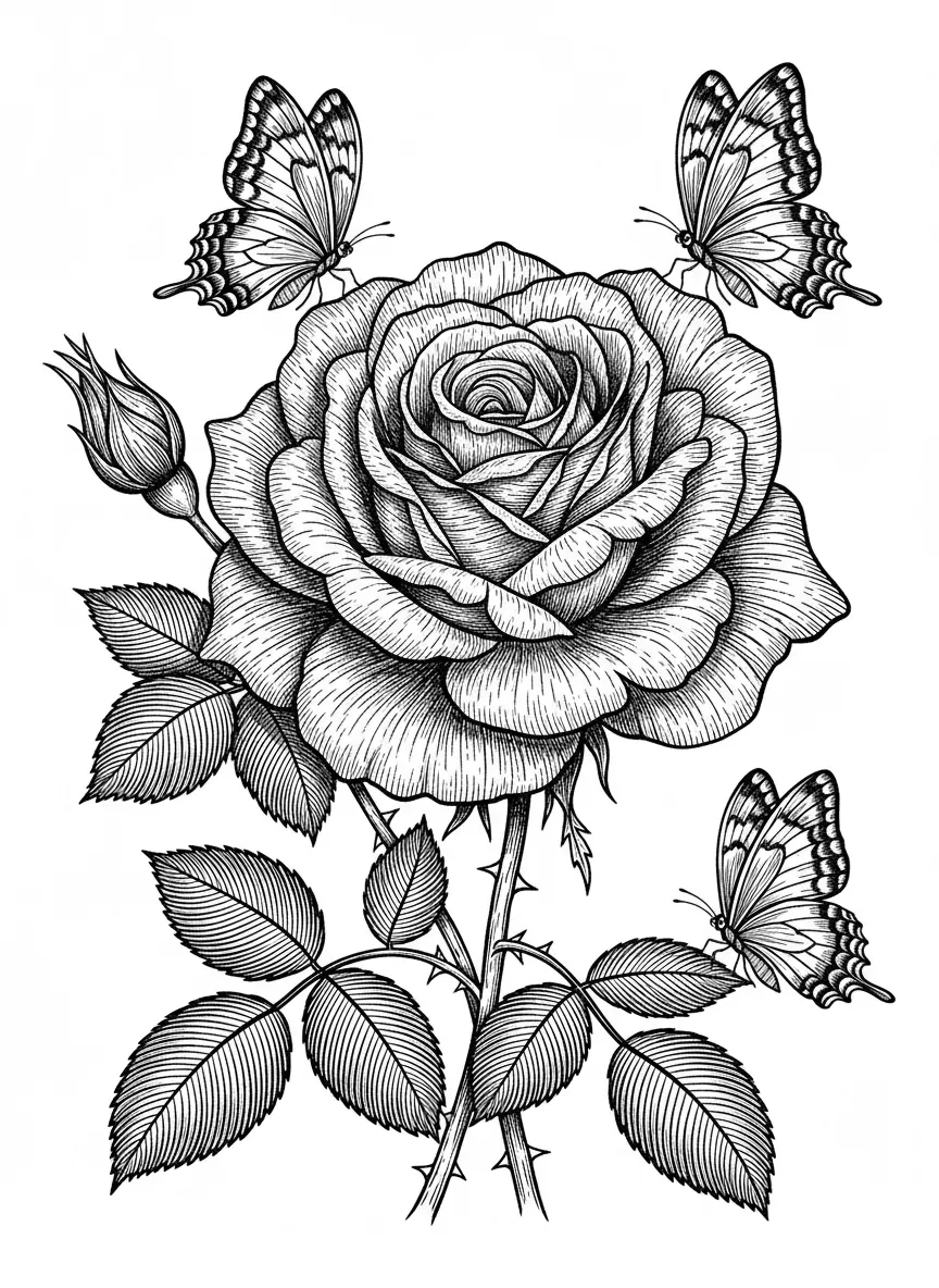 Make an image of a beautiful rose with three butterfly's