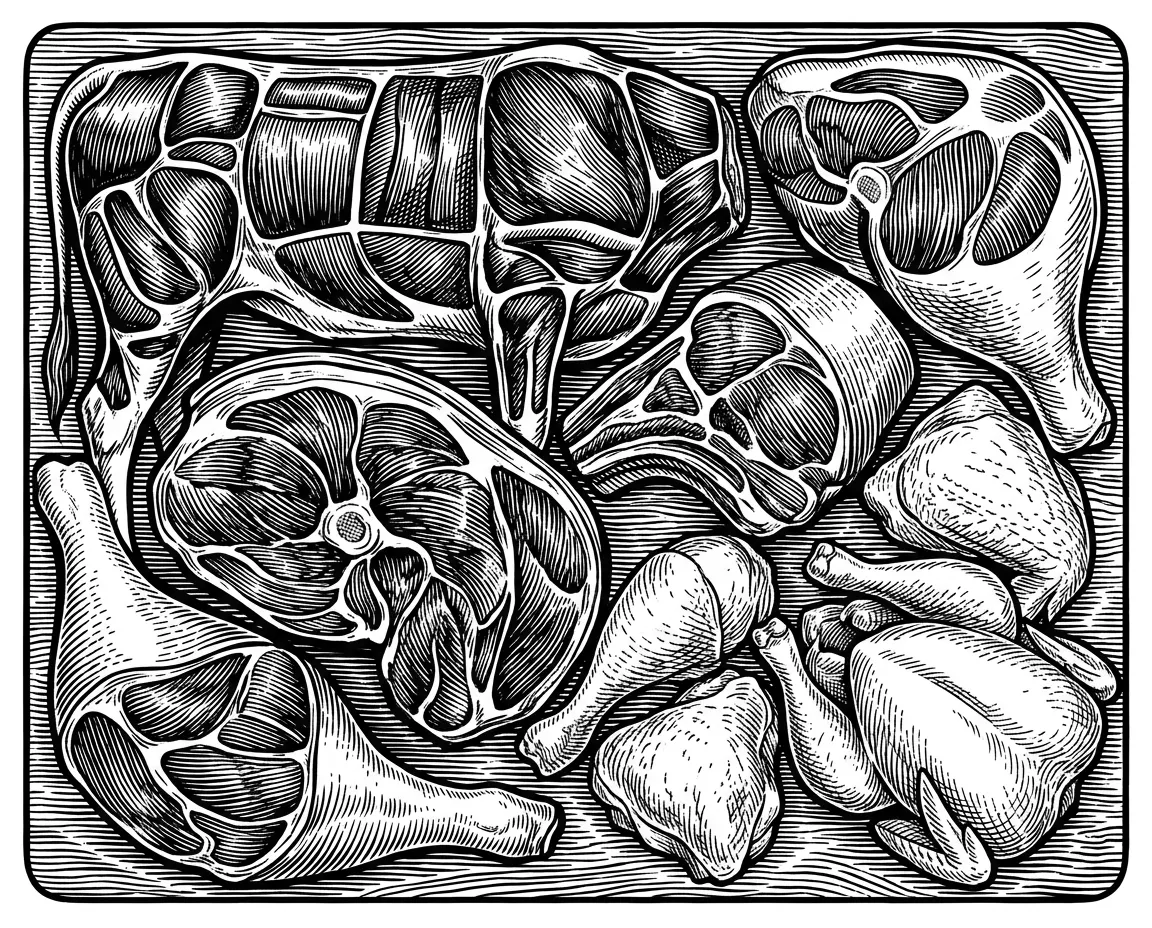 Make an image with all the meat quarters from a cow, pig and chicken that can be put on a cutting board. This image needs to be in ultra fine detail.