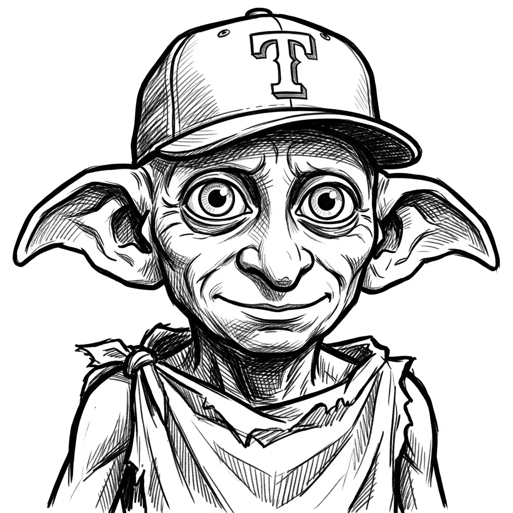 Make an image with Dobby from Harry Potter with a Texas Rangers hat