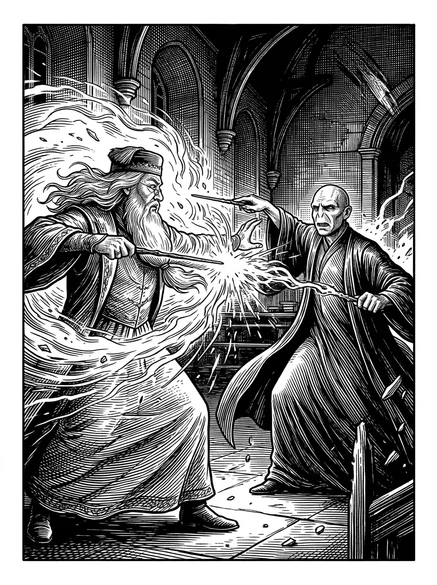 Make an image with Albus Dumbledore in a battle with Lord Voldemort with realistic detail