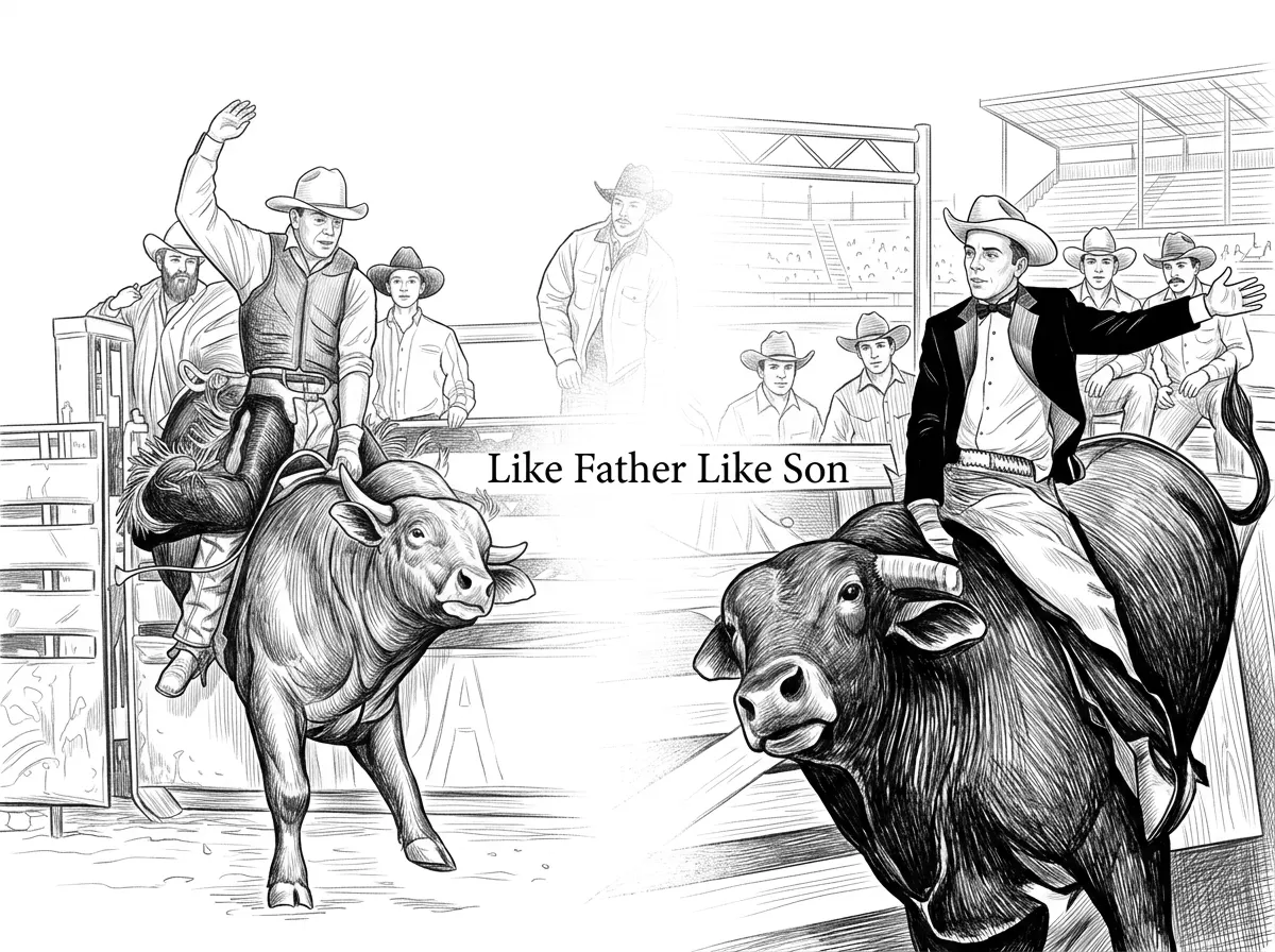 Make this image as one image with the two backgrounds fading into each other. Between the two bull riders needs to have words Like Father Like Son. Make this image with ultra fine detail