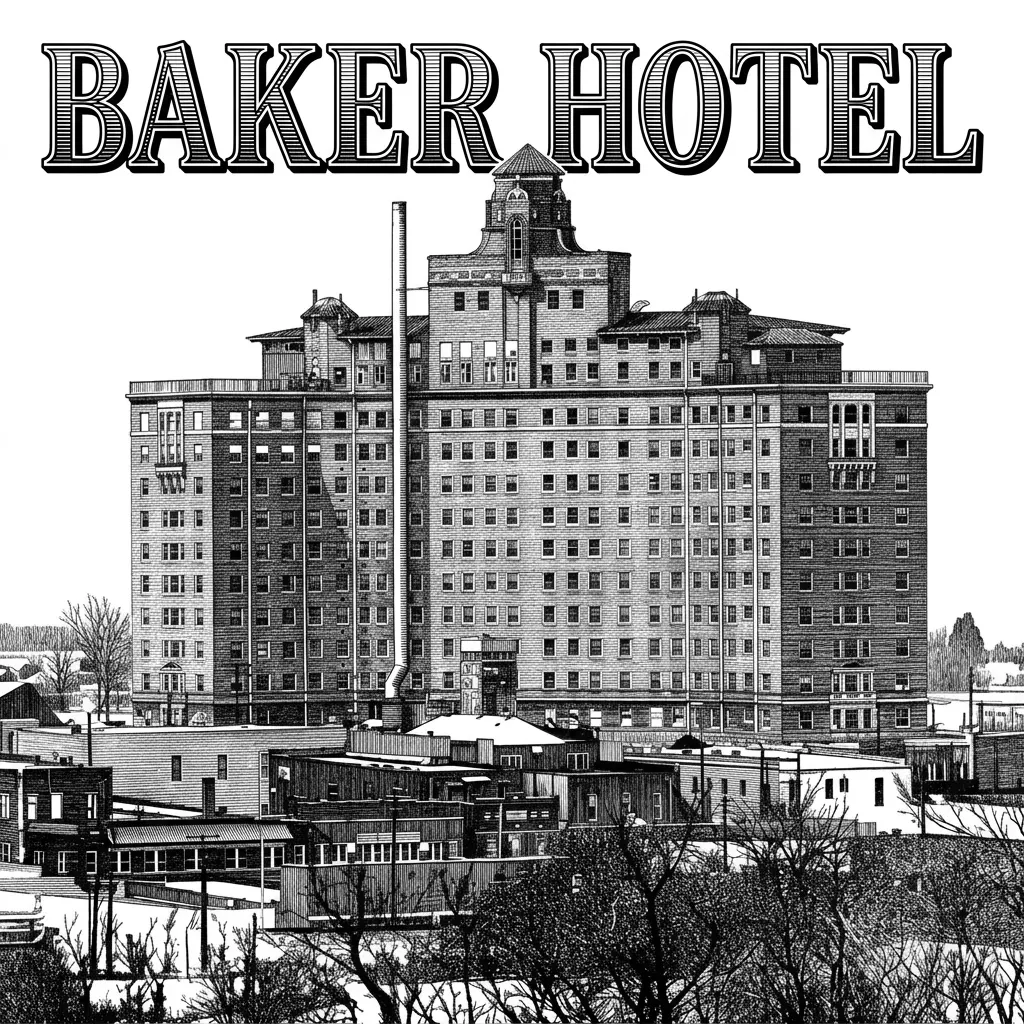 on top of this image need to read Baker Hotel make image with ultra fine detail
