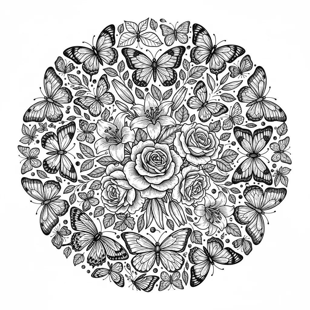 Make an image with butterfly's and flowers in a round circler pattern that can be engraved on a round cutting board. Make this image in ultra fine detail