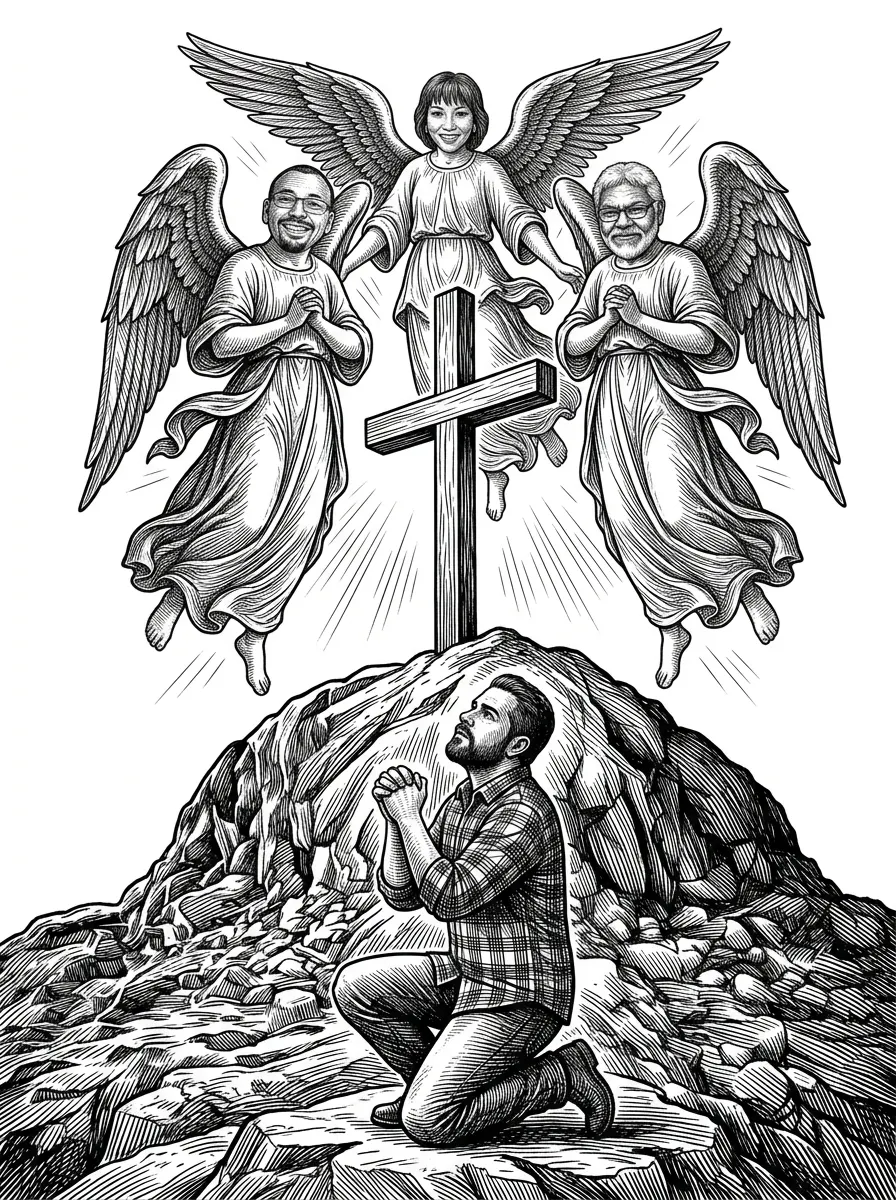 Make this into one image with realistic detail. Make the images above with body and angel wings keeping the faces realistic. The bottom image needs to be kneeling preying up to the angles with no sunglasses keeping faces realistic. This image needs to be with realistic detail