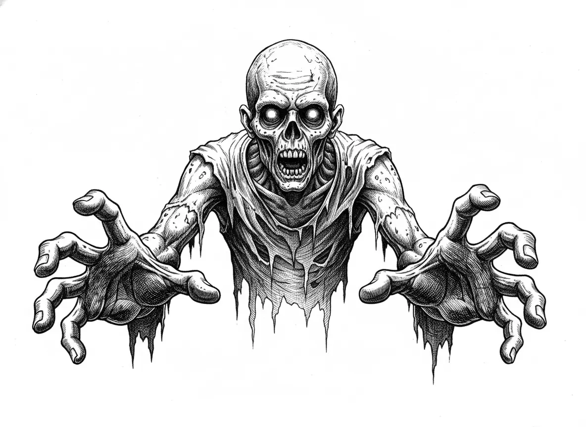 Make an image of one zombie looking at me reaching towards me with ultra fine detail