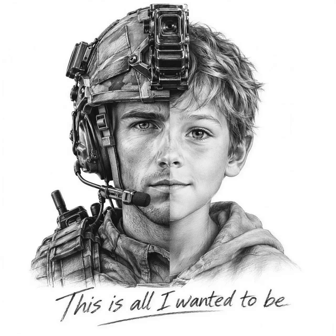 Make an image with a modern solder facing me one side of his face is showing modern tech for the military and the other side of his face looking like a childs face. Needs to have words that read This is all I wanted to be
