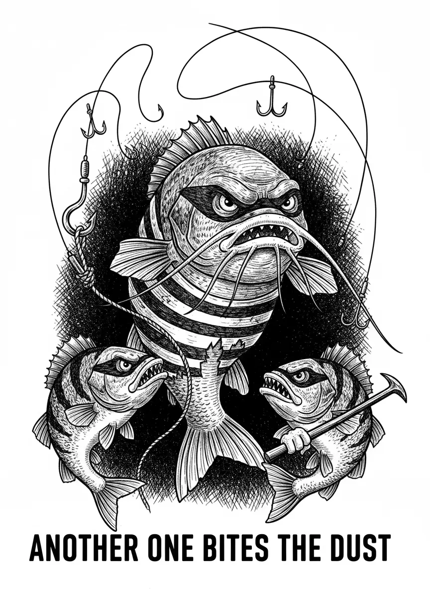 Make this image with a bass, perch in the image looking like bad guys robbing the bait off the hooks. This image made in ultra fine detail. With words saying another one bites the dust.