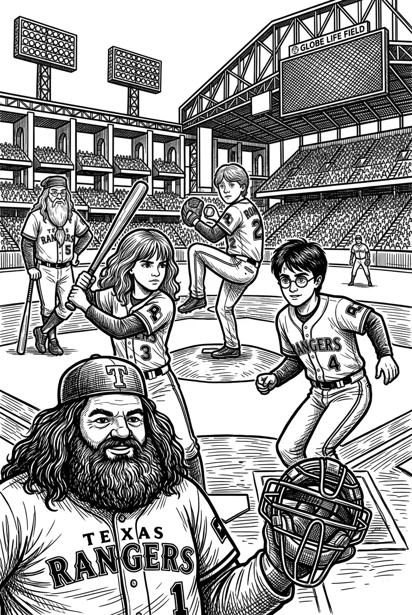 Make an image with Harry Potter, Ron Weasley, Hermion Granger, Albus Dumbledore, Rubeus Hagrid, playing baseball for the Texas Rangers at the Texas Ranger stadium. Make this image with ultra fine detail.