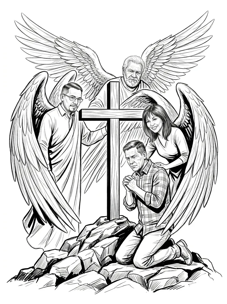 Make this one image. The image Infront of the cross kneeling down praying and the other images needs to be angles around him protecting him with wings. Make this image with realistic detail