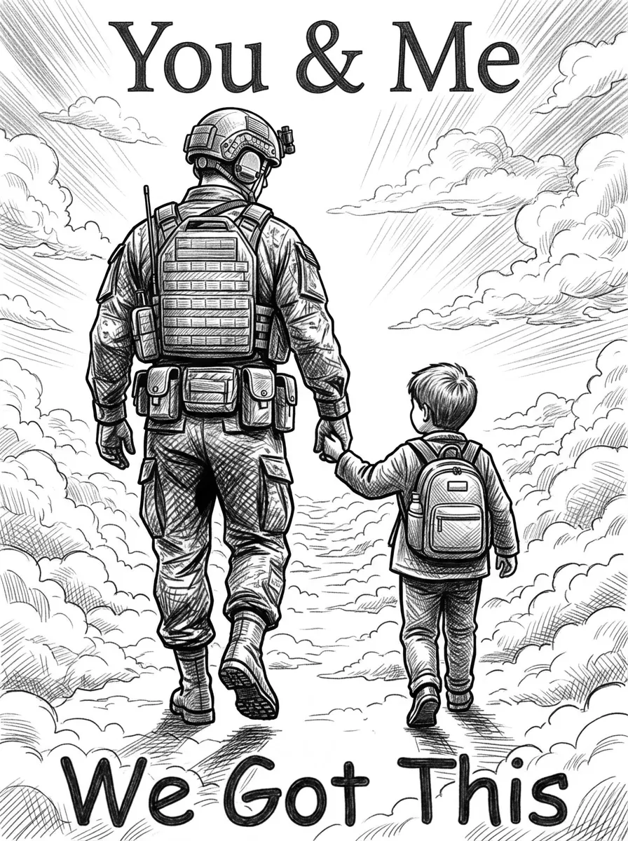 Make this image realistic detail of modern day army soldier and child with a very detail back ground of walking into the sky