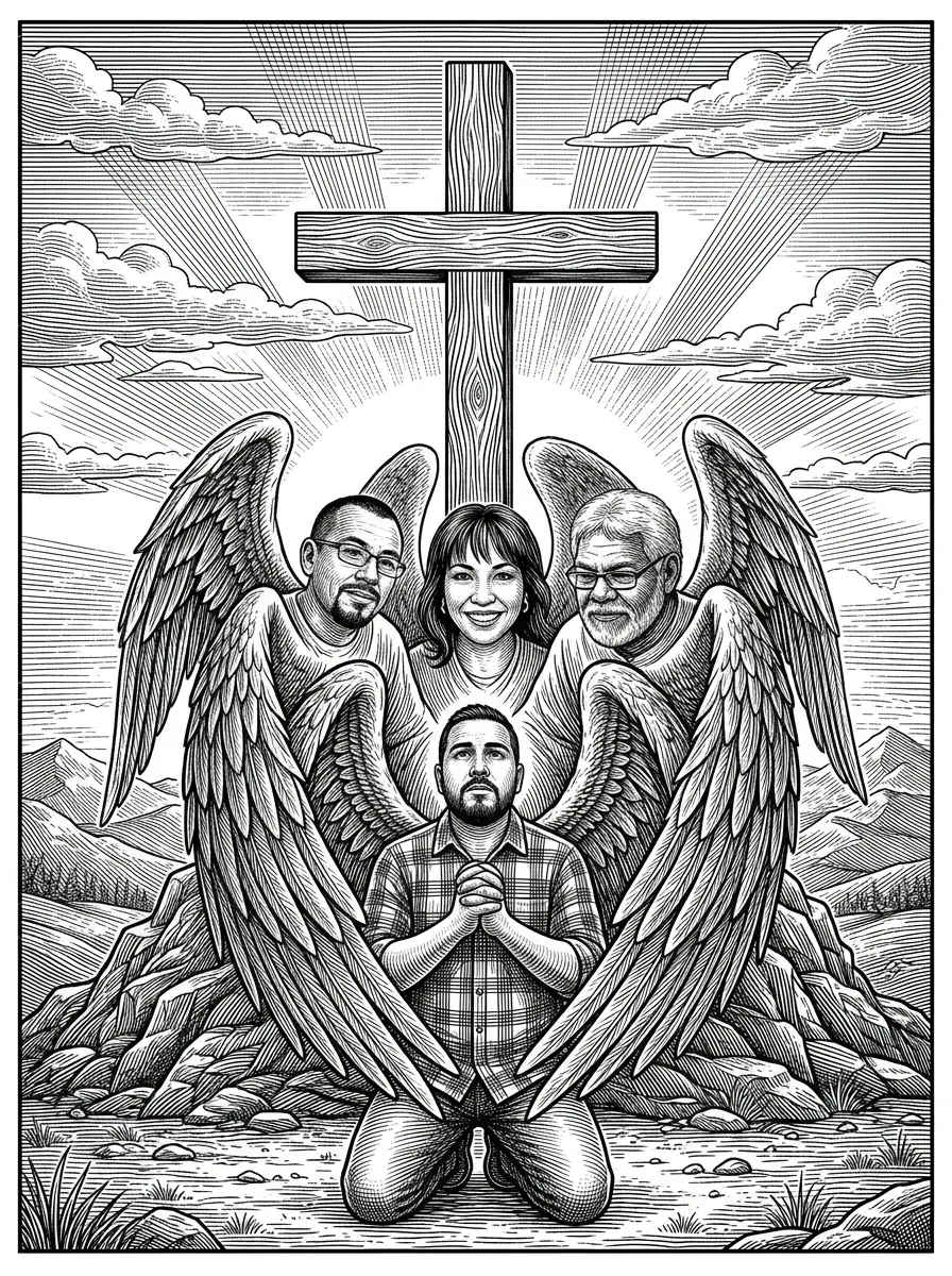 make this image realistic with the guy in front of the cross kneeling down praying without the sunglasses and the three images make them as angles protecting him with their wing surrounding him. keep all fascial realistic. make this image with ultra fine detail