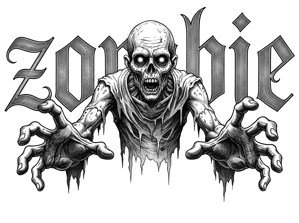 Put the word zombie behind the image with ultra fine detail