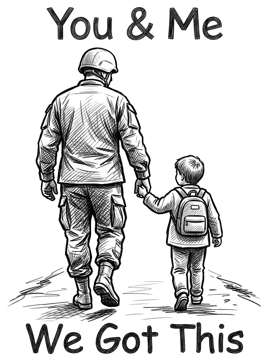 Make an image of a solder holding hands with a child walking away from you. At the top of the image have word You & Me at the bottom of image have words We Got This. Make this image with ultra fine detail