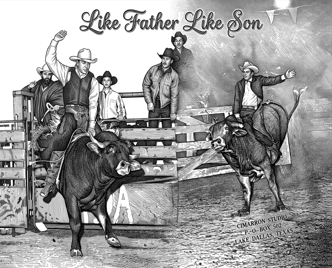 Make this image as one image with the backgrounds fading into each other. needs to have decretive words Like Father Like Son. This image needs to be in ultra fine detail.