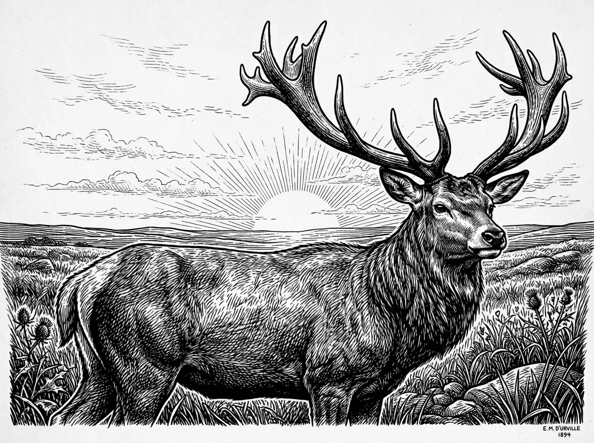 Make this image in a field with the deer standing in it with a sunrise. Make this image with ultra fine detail.