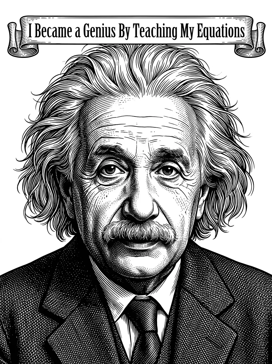 Make a Image of Albert Einstein facing me. Needs to read I Became a Genius By Teaching My Equations. Make this image with very fine detail