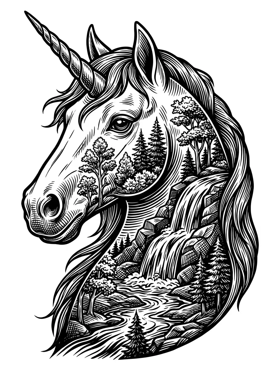Make a very detail unicorn head turning to the side slightly with some trees and waterfall image inside the head. Make this image with ultra fine detail