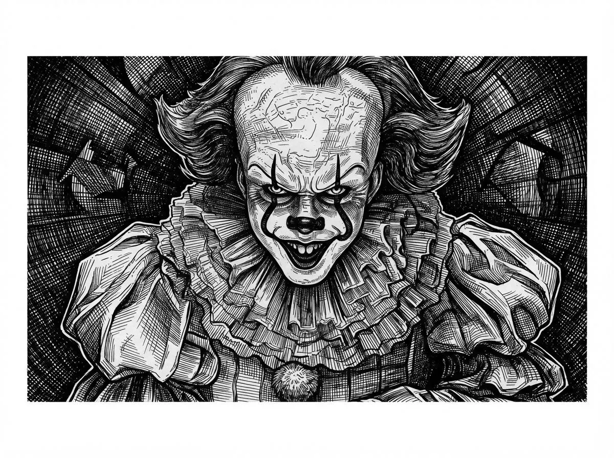 Make an image of Penny Wise with ultra fine detail