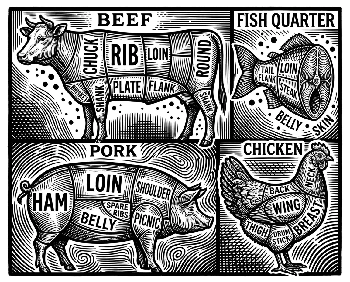 Replace the upper right-hand pig with a fish quarter