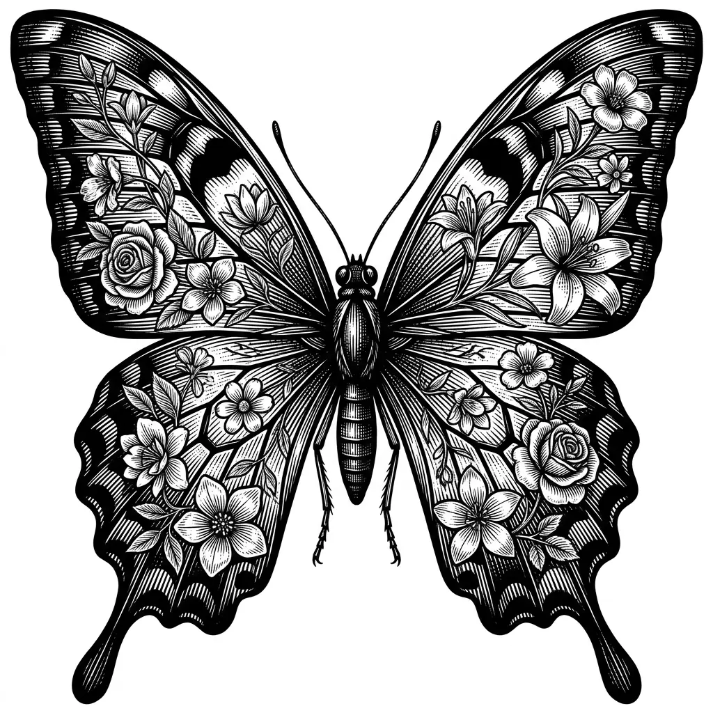 Make a big beautiful butterfly with the wings spread out. Inside the wings make very detail flowers. Make this image with ultra fine detail