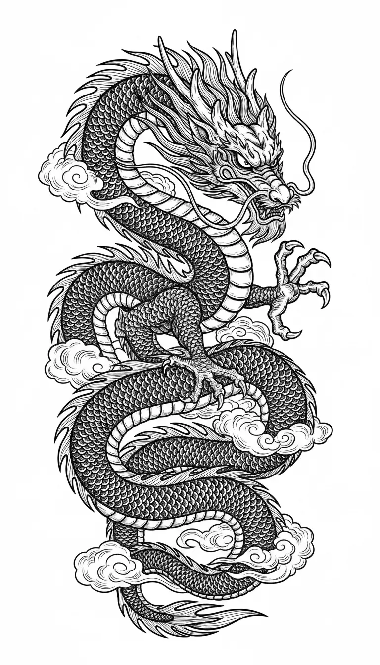 make a dragon for laser engraving, vertical, detailed
