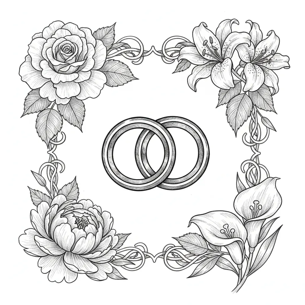 create wedding ornaments, 4 corners with different flowers, plain wedding rings