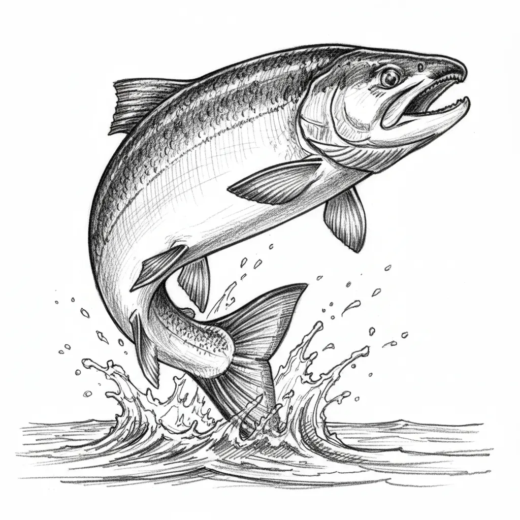 create a fish jumping out of a lake with its tail half submerged in the water