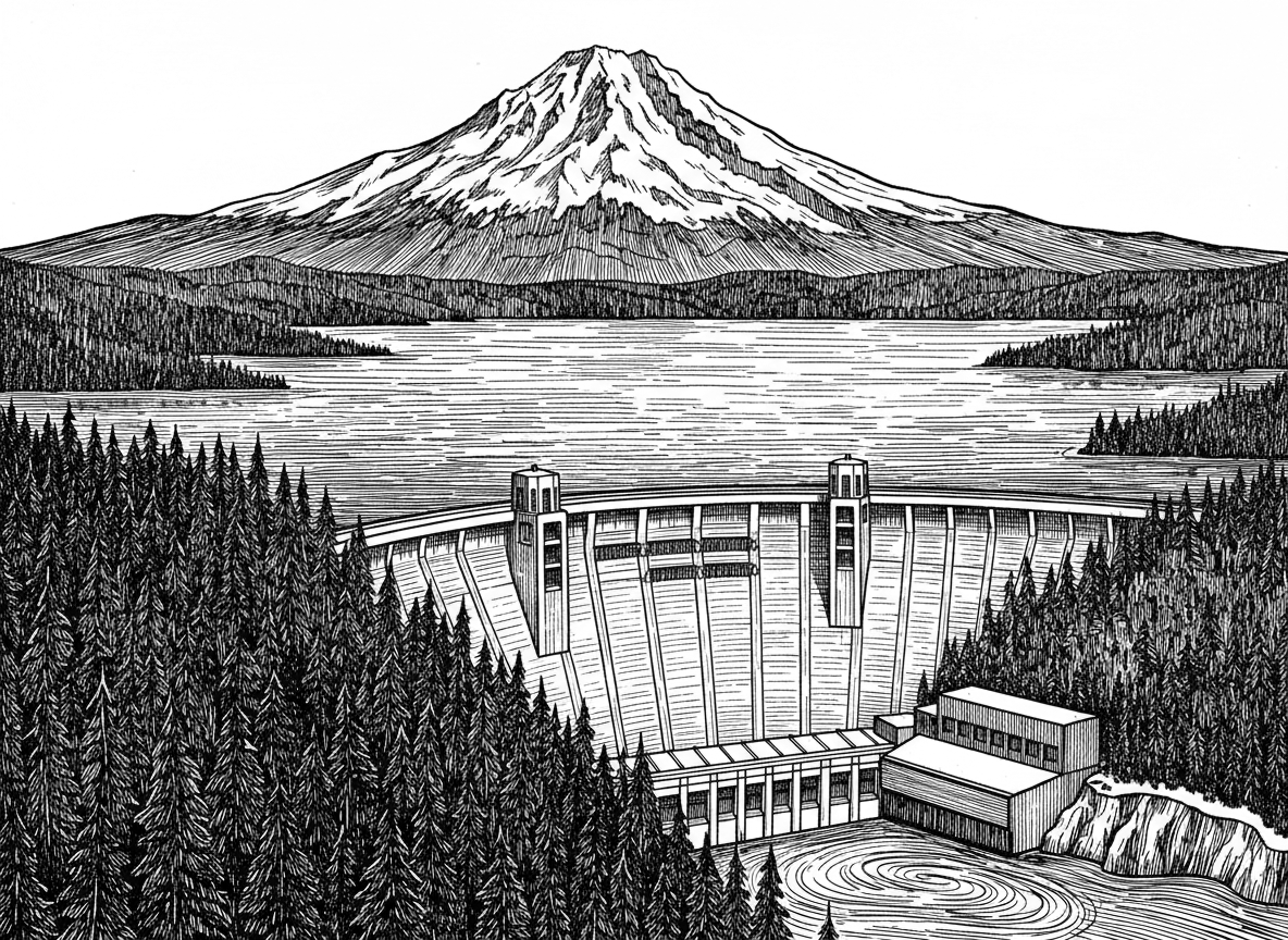 Create a high resolution image in black and white of Mount Shasta, Shasta Lake and Dam suitable for laser engraving on wood